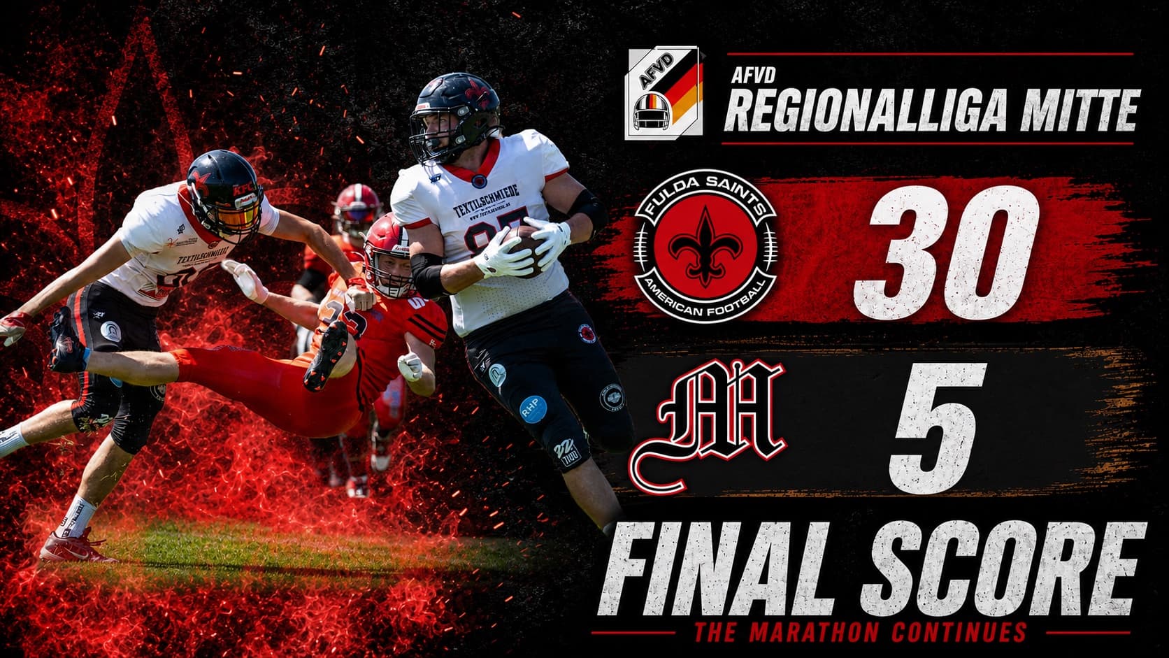 Final Score 30:5 — Auswärtssieg der Fulda Saints bei den Marburg Mercenaries, Ballträger im weißen Trikot setzt sich durch